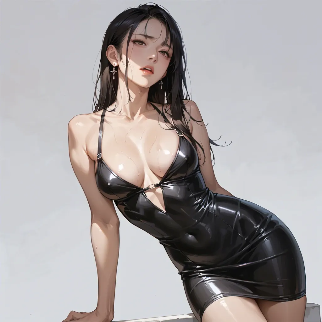 asian anime girl, dark black straight hair, light white skin colour, dress black tight