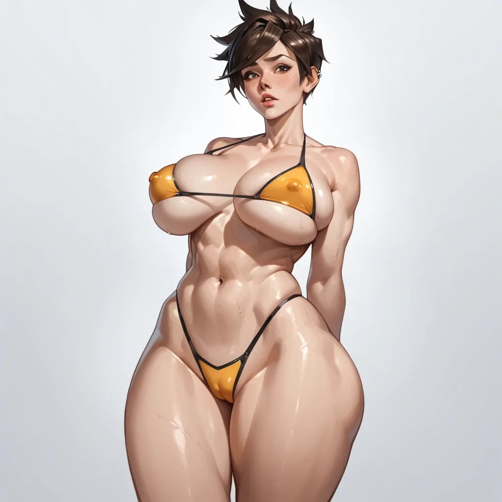 tracer, huge breasts, huge ass, very tight micro bikini, in the a pol