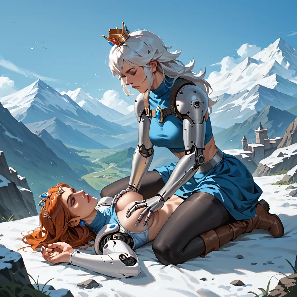 2girl, , , , cheekbones,showing feet,round boobs,spit on chest,blue turtleneck, blue skirt,black leggings,tiara,gray sports bra,boots, bare, mountains, medieval dress, cyborg girl, super mario, rapunzel