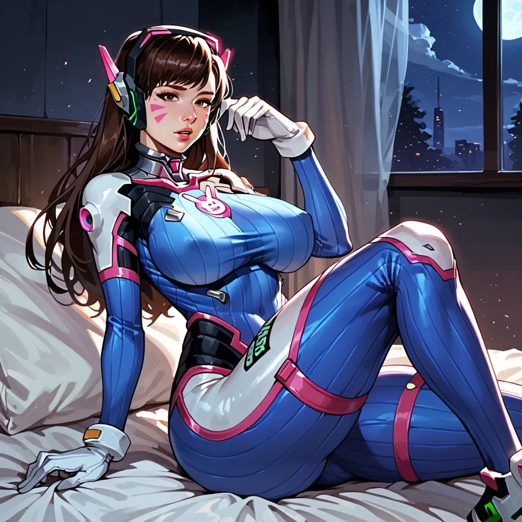 d.va , solo, huge breasts, tight clothes, night, wide huge hips, sitting bed