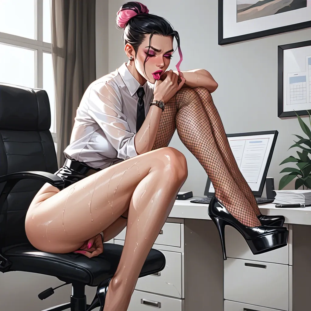 1 perverted grandpa man, 1 futanari young sexy cute sexy skinny dumb hot petite naughty latina fairy secretary girl, Latex secretary girl, black Hair, wet, pink Highlights, lipstick, sitting in office, fishnets, anilingus, masturbating, cum, horny, shy