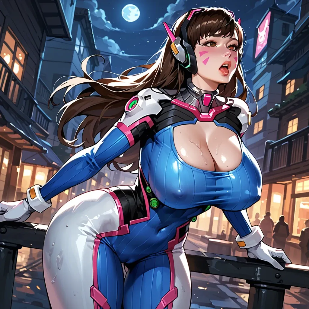 d.va , solo, huge breasts, tight clothes, night, wide huge hips,