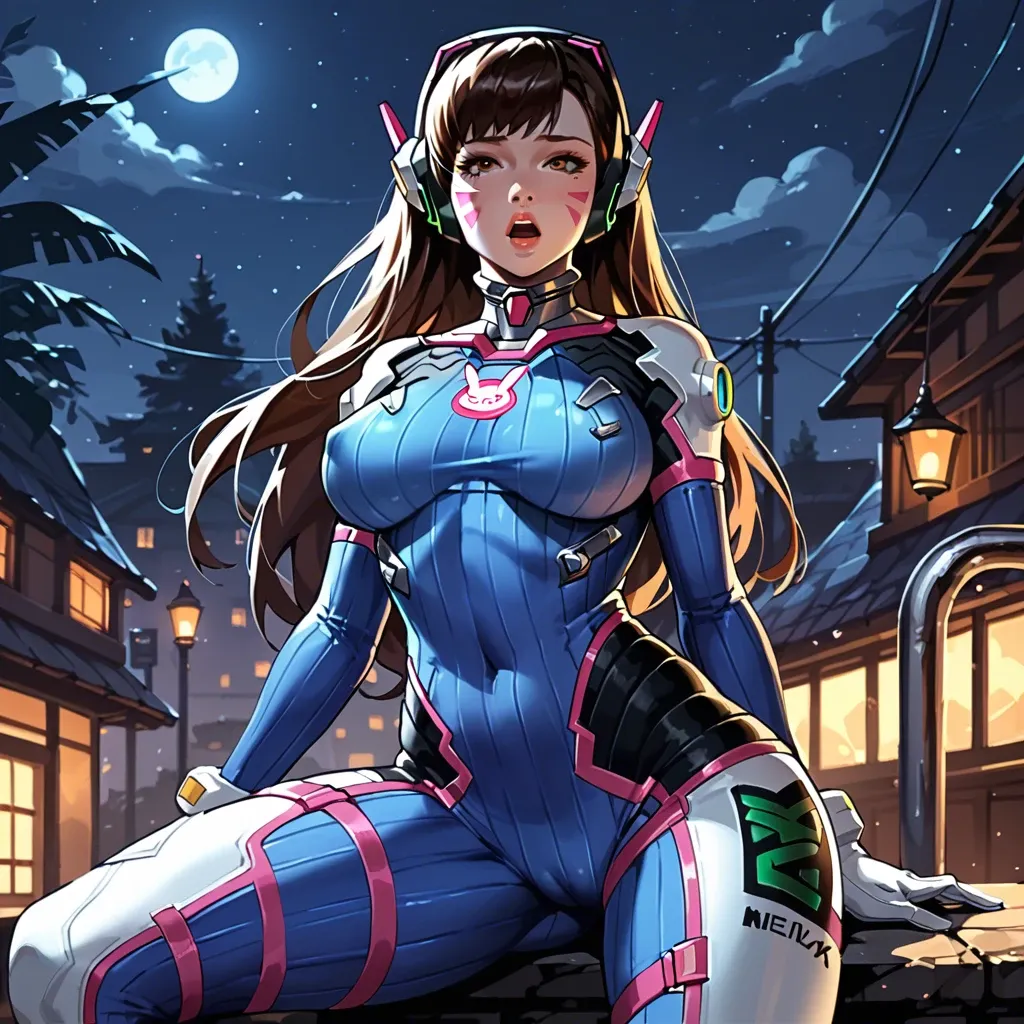 d.va , solo, huge breasts, tight clothes, night, wide huge hips, sitting face