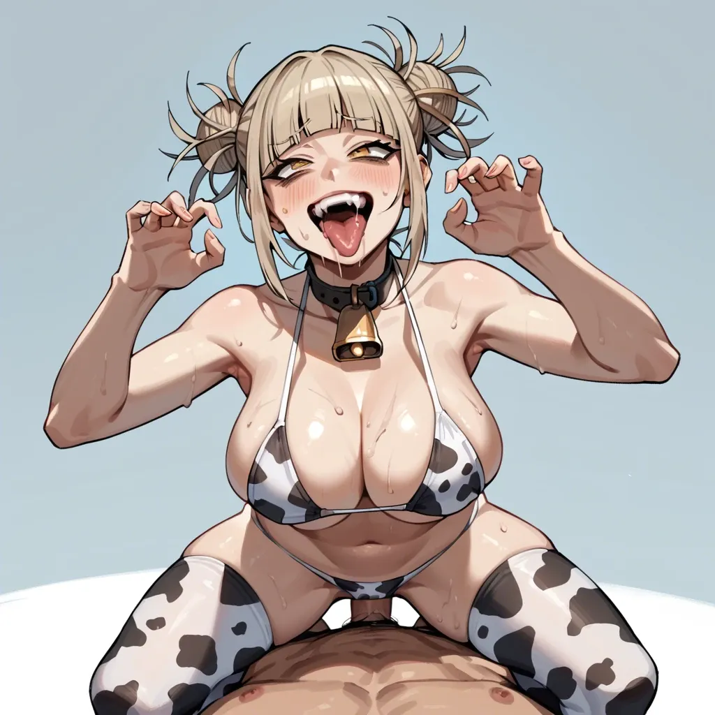 Himiko Toga, big tits and ass, cow pattern bikini, cow pattern stockings, cowgirl pose, ahegao face, smiling