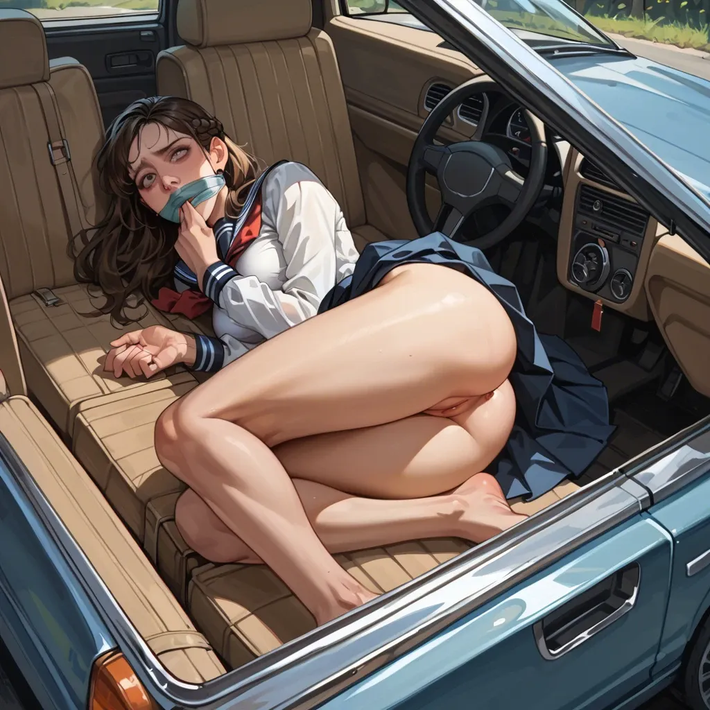 Forrest Brunette French braid Hand and feet bound Mouth gagged  Scared look Laying in car trunk School girl outfit  No panties up skirt view