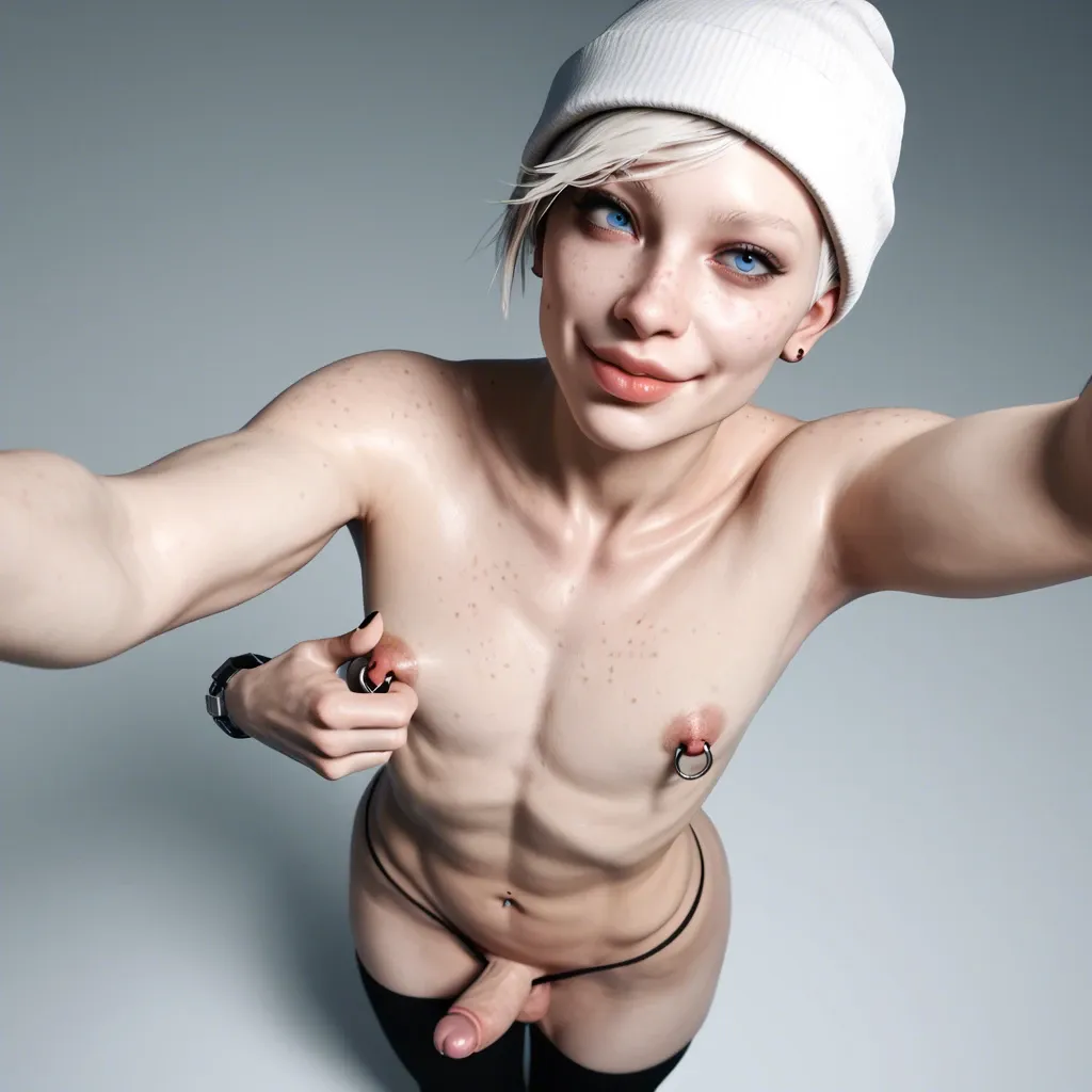 1femboy,male,3d,penis,albino,freckles,pixie cut,thick lips,smile,brunette,blue eyes,beanie,thigh socks,navel piercing, high-angle selfie,big nipple ring,nipple pinch,thong,solo