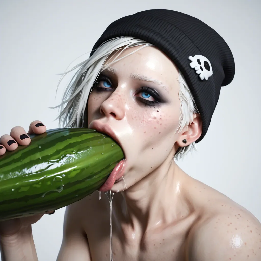 1femboy,male,3d,penis,albino,freckles,pixie cut,thick lips,blue eyes,beanie,holding hyper eggplant ,object deepthroat,tongue,saliva,mouth insertion,solo,object in hand,emo makeup,crazy face