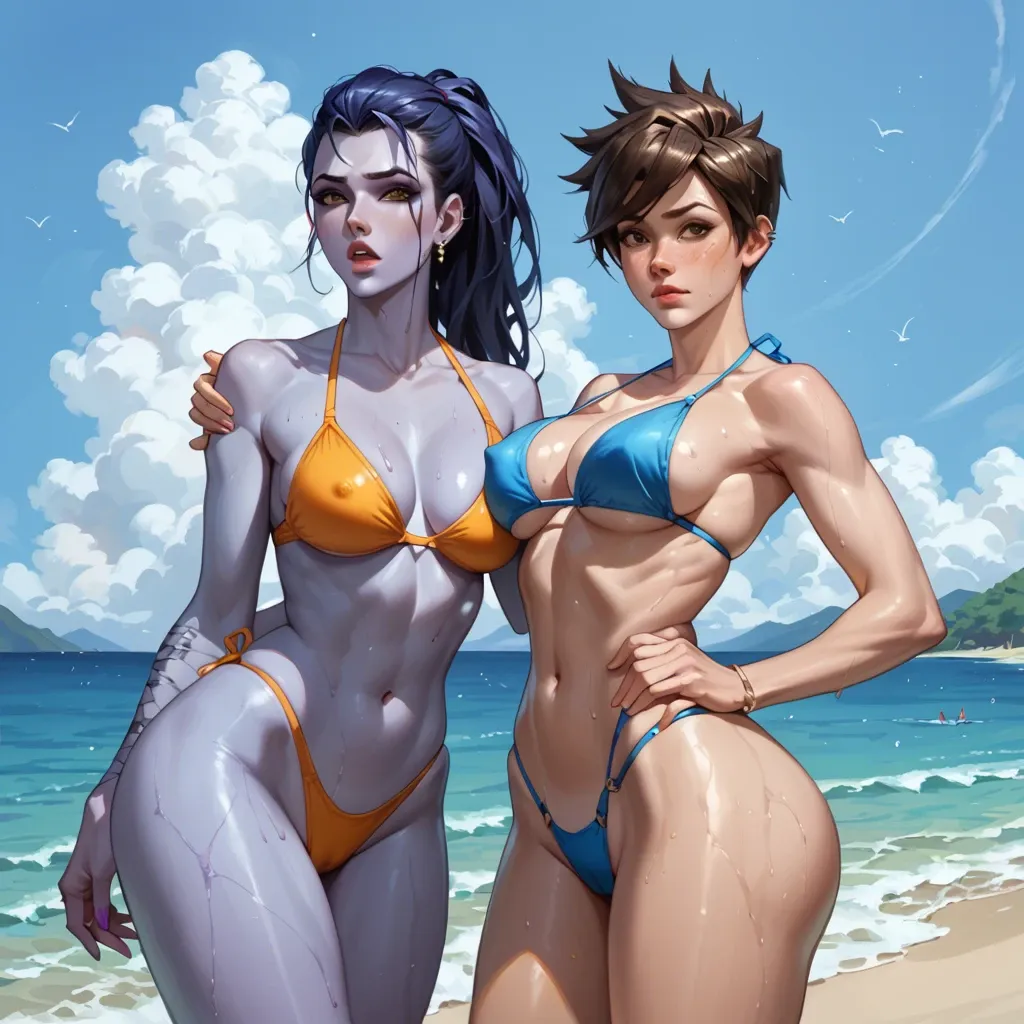 widowmaker tracer,2girls,bikini, huge breasts