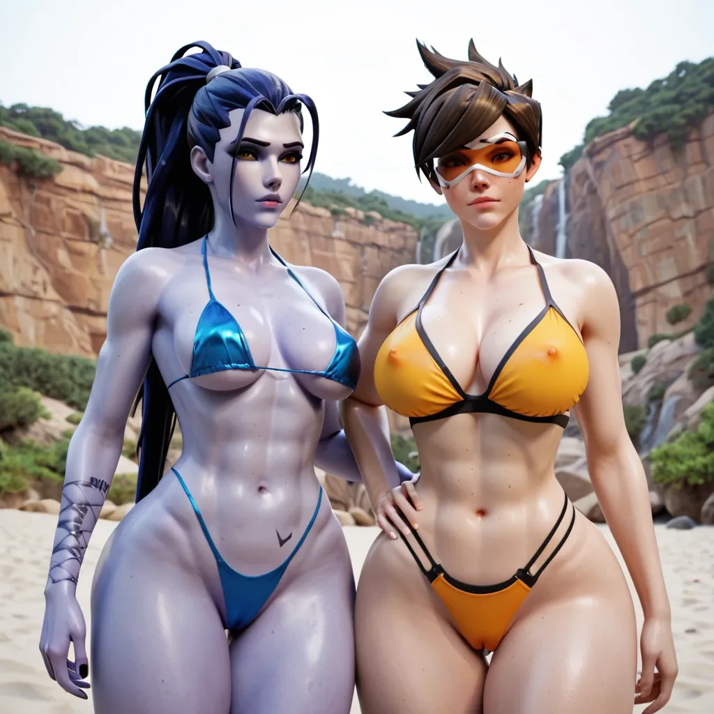 widowmaker tracer,2girls,bikini, huge hip, 3D