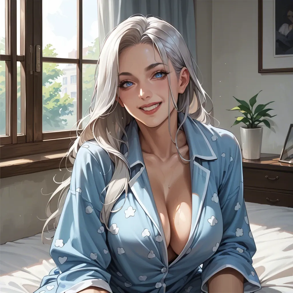 long hair, silver hair, milf, smiling, loose pajamas, big boobs, blue eyes, bedroom window