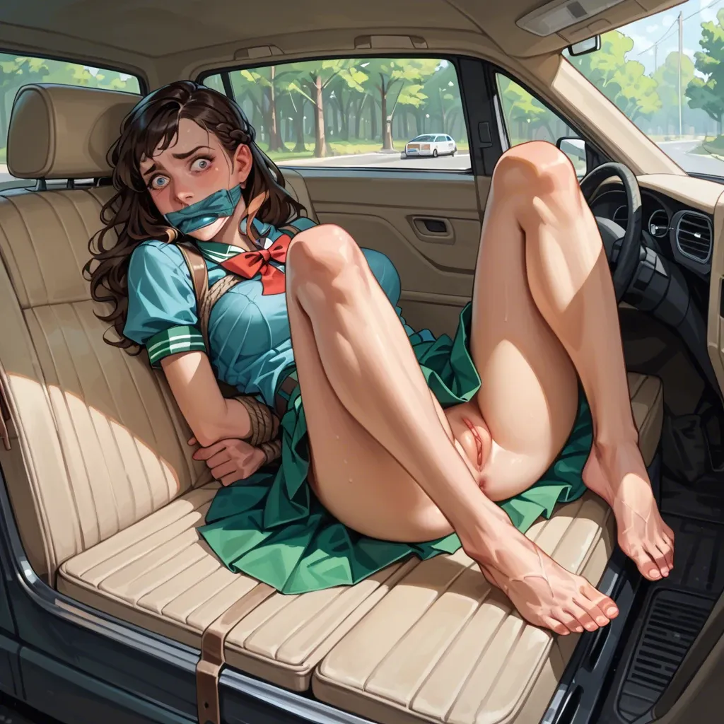 Forrest Brunette French braid Hand and feet bound Mouth gagged  Scared look Laying in car trunk School girl outfit  No panties up skirt view