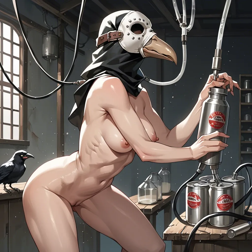 anime_original, female, nude, mashine, milking_mashine, breasts_milking_machine, female_plague_doctor, plague_doctor_crow_mask_with_long_beak, faceless, eyeless, can't_see_the_face, can't_see_the_eyes, black_shiny_lences_in_mask, fit_body, skinny, narrow_waist, long_waist, plague_doctor_suit, leather_gloves, torso_muscular, boots, big_vagina, vagina_open,