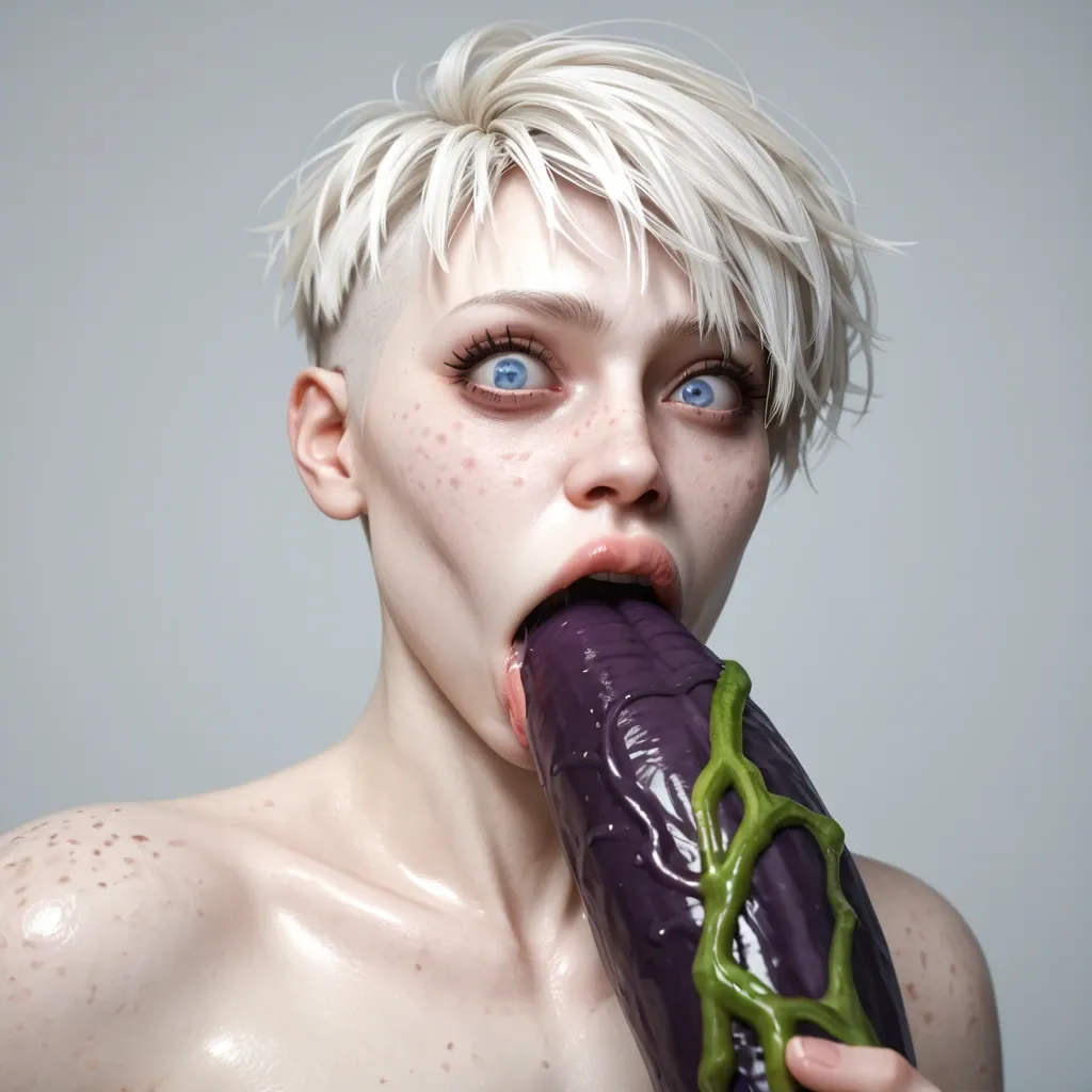 1femboy,male,3d,penis,albino,freckles,pixie cut,thick lips,blue eyes,holding hyper eggplant,deepthroat,tongue,saliva,mouth insertion,disheveled,object in hand,crazy eyes,solo