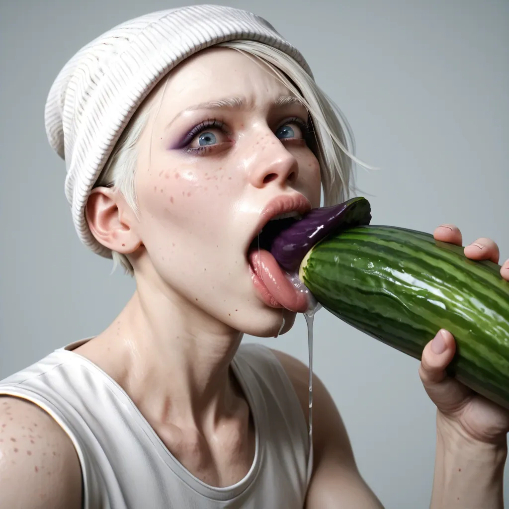 1femboy,male,3d,penis,albino,freckles,pixie cut,thick lips,blue eyes,beanie,holding hyper eggplant ,object deepthroat,tongue,saliva,mouth insertion,solo,object in hand,makeup,crazy eyes