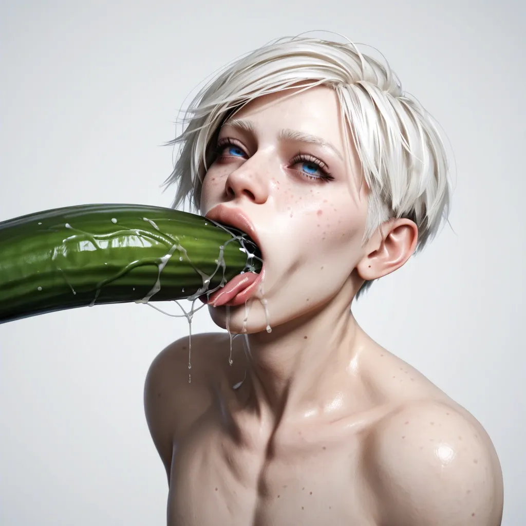 1femboy,male,3d,penis,albino,freckles,pixie cut,thick lips,blue eyes,holding hyper eggplant ,object deepthroat,tongue,mouth insertion,object in hand,extreme throat,mouth dilatation,saliva,emo