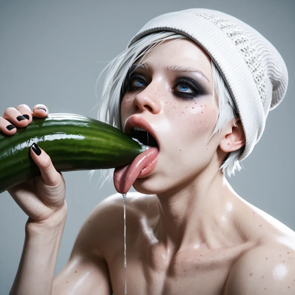 1femboy,male,3d,penis,albino,freckles,pixie cut,thick lips,blue eyes,beanie,holding hyper eggplant ,object deepthroat,tongue,saliva,mouth insertion,solo,object in hand,emo makeup,crazy face