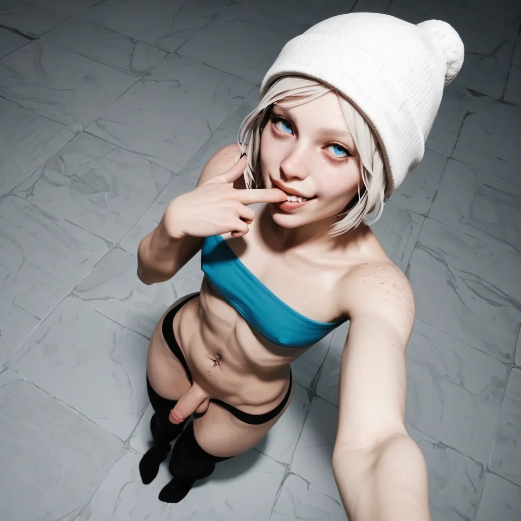 1femboy,male,3d,penis,albino,freckles,pixie,tube top,thick lips,perfect smile,brunette,blue eyes,beanie,thigh socks,navel piercing,full body high angle selfie,one finger in mouth