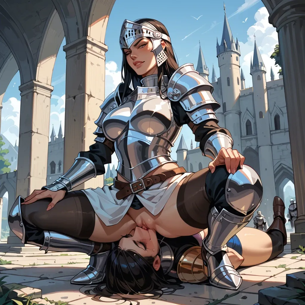 2girls, female only, Knight female, femdom, castle, armor, clothes, pants, facesitting, strong pose,