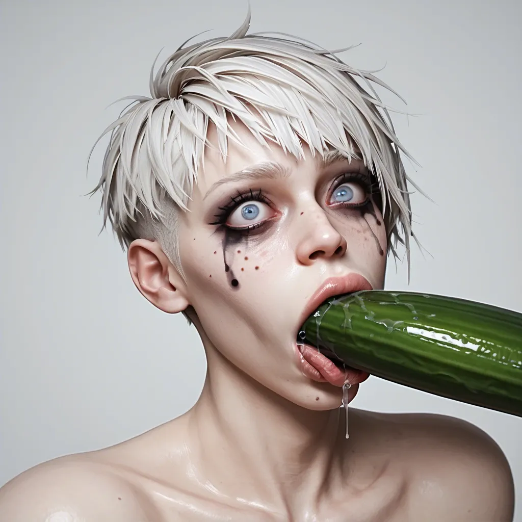 1femboy,male,3d,penis,albino,freckles,pixie cut,thick lips,blue eyes,holding hyper eggplant,deepthroat,tongue,saliva,mouth insertion,crazy face,object in hand,emo makeup,crazy eyes