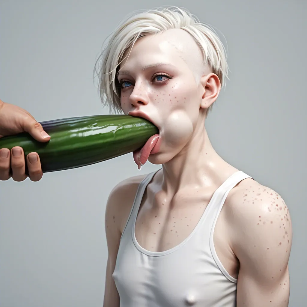 1femboy,male,3d,penis,albino,freckles,pixie cut,thick lips,blue eyes,holding hyper eggplant ,object deepthroat,tongue,mouth insertion,object in hand,hyper deepthroat,extreme mouth dilatation