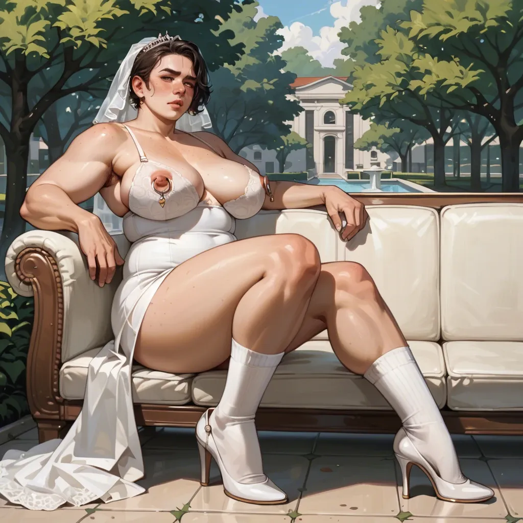 2girl, , , , freckle,armpit fetish,nipple ring,plump pecs,wide shoulders, long dress,knee-high socks,white veil,white bra,high heels, bathroom stall, park, sit on a couch, realistic fur, late night, zelda, elsa