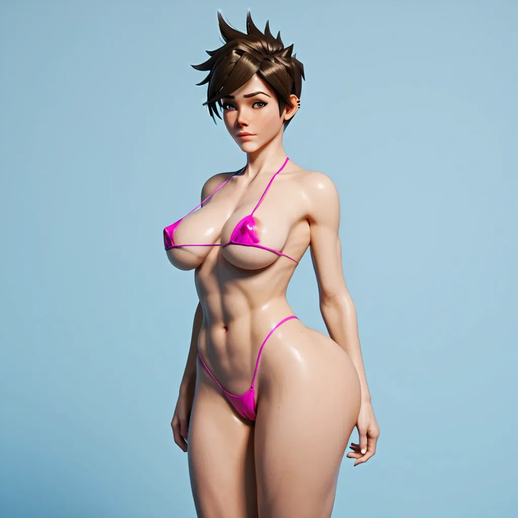 tracer solo (huge_breasts) , huge ass, pink micro bikini, 3D