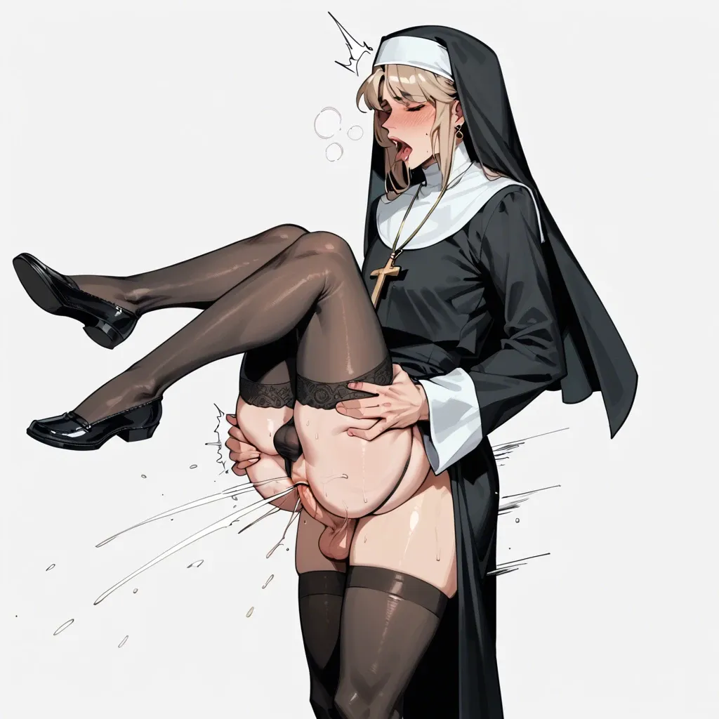 giant futanari nun fucking femboy nun,fully clothed,long hair,black thigh highs,panties,plapping,deep thrusting,anal stand and carry,legs above shoulder,plowing,futa with cuntboy