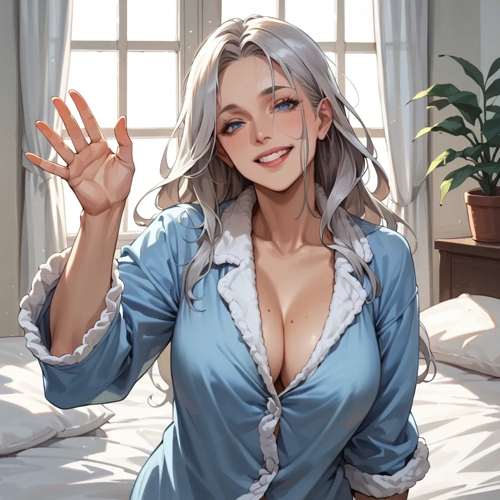 long hair, silver hair, milf, smiling, loose pajamas, big boobs, blue eyes, bedroom, waving outside