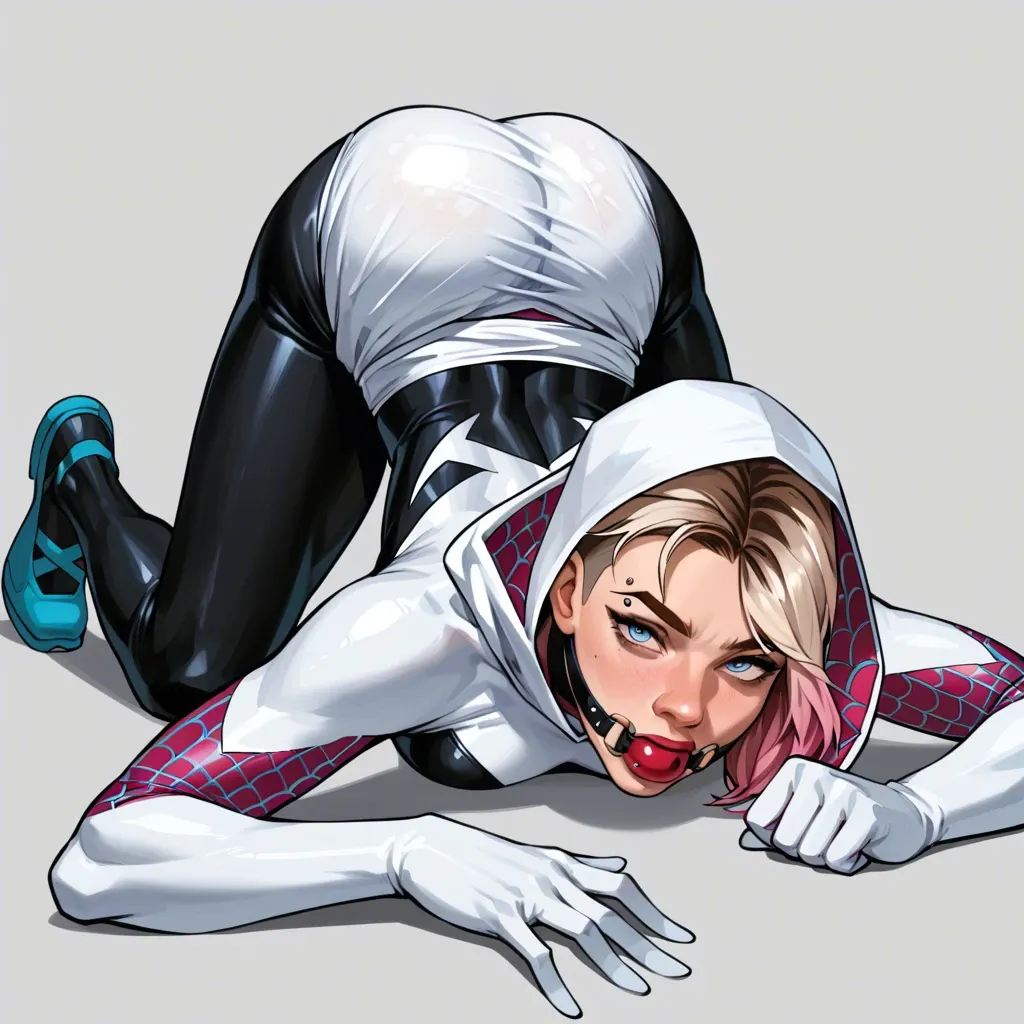 Gwen Stacy wearing a giant diaper posed face down ass up. She has a ball gag in her mouth and is wearing her spider Gwen outfit