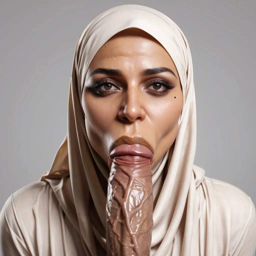 Mature Muslim milf, sucking massive Caucasian dick, wearing hijab and niqab, fully clothed, body fully covered, eye contact, black eye liner, make up, milf, detailed skin, mature Arab woman