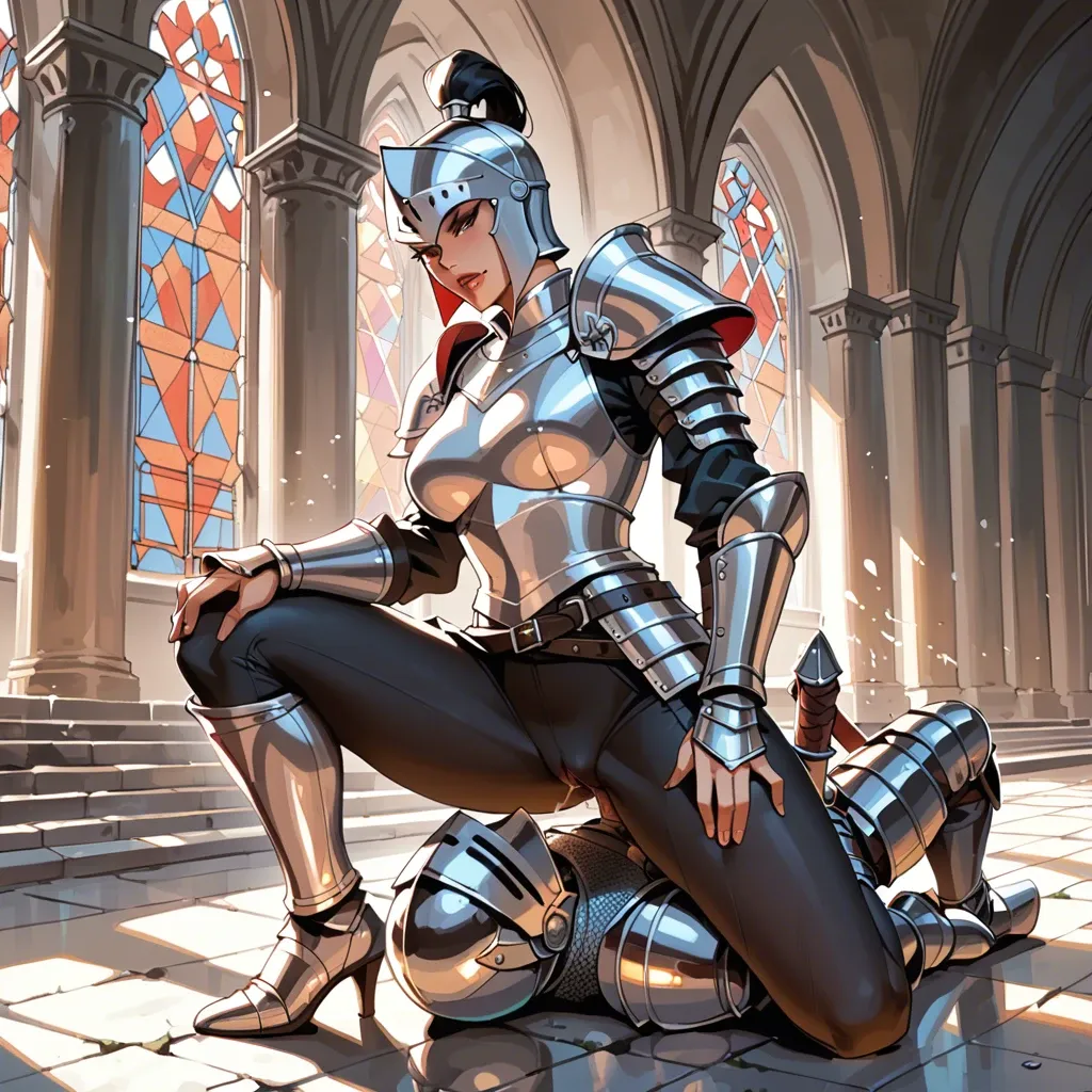 Knight female, femdom, castle, armor, clothes, pants, facesitting, strong pose,