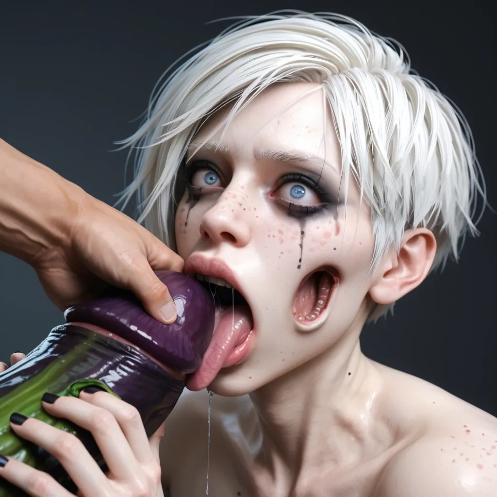 1femboy,male,3d,penis,albino,freckles,pixie cut,thick lips,blue eyes,holding hyper eggplant,deepthroat,tongue,saliva,mouth insertion,crazy face,object in hand,emo makeup,crazy eyes