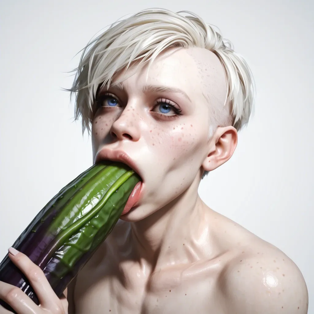 1femboy,male,3d,penis,albino,freckles,pixie cut,thick lips,blue eyes,holding hyper eggplant ,object deepthroat,tongue,mouth insertion,object in hand,extreme deepthroat,extreme dilatation,solo