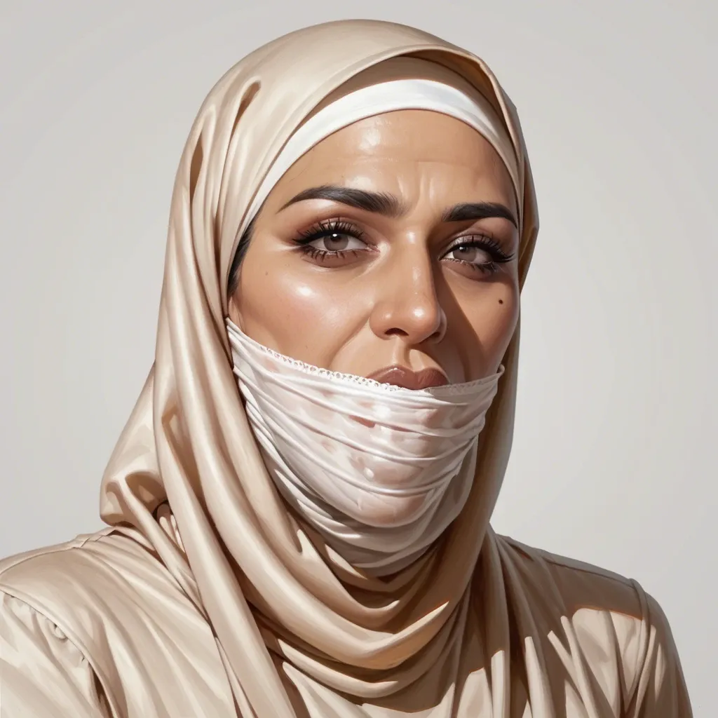 Mature Muslim milf, sucking massive Caucasian dick, wearing hijab and niqab, fully clothed, body fully covered, eye contact, black eye liner, make up, milf, detailed skin, mature Arab woman