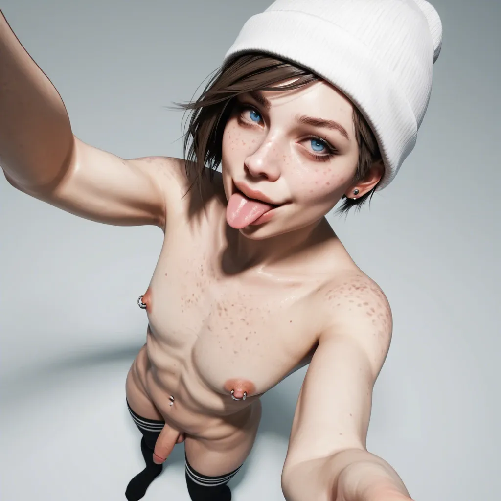 1femboy,male,3d,penis,albino,freckles,pixie cut,thick lips,smile,brunette,blue eyes,beanie,thigh socks,navel piercing,full body high-angle selfie,one finger in mouth,big nipple piercing