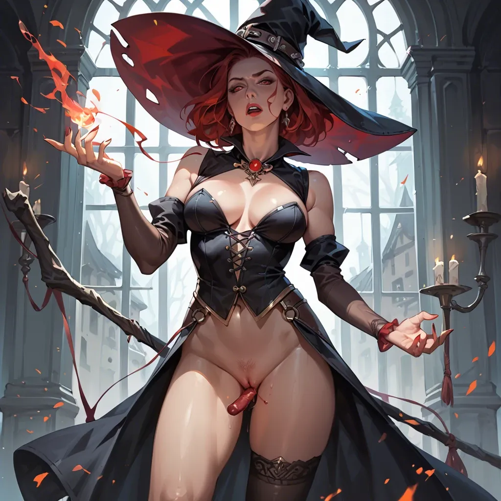 A red hair witch, stand, playing red magic