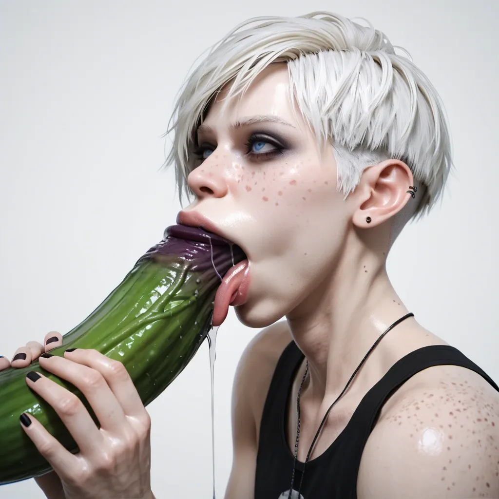 1femboy,male,3d,penis,albino,freckles,pixie cut,thick lips,blue eyes,holding hyper eggplant ,object deepthroat,tongue,saliva,mouth insertion,solo,object in hand,emo,hyper deepthroat,mouth dilatation