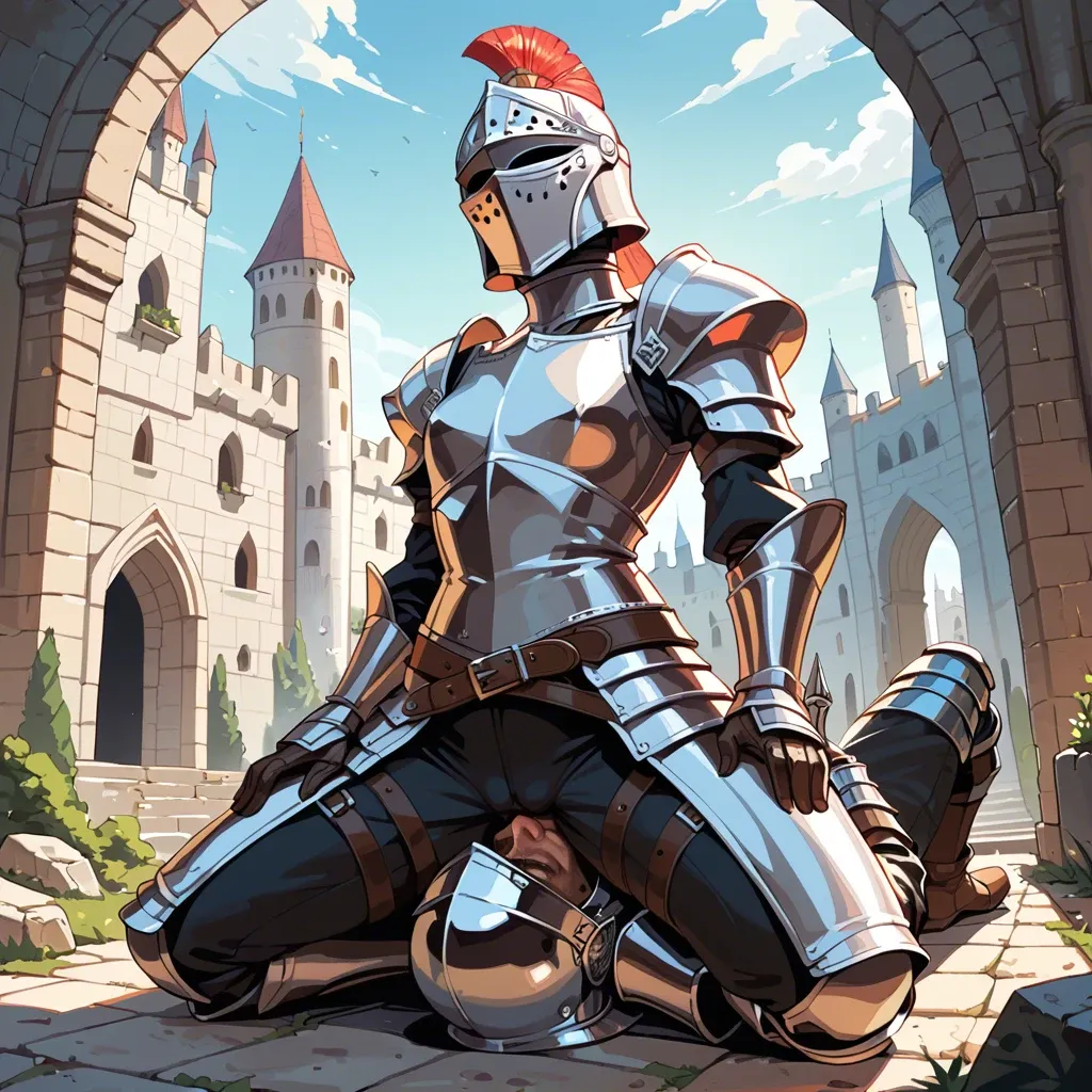 Knight flat-chested female, femdom, castle, armor, clothes, pants, facesitting, helmet