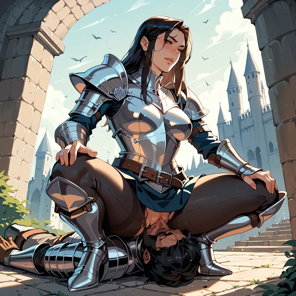 Knight female, femdom, castle, armor, clothes, pants, facesitting, strong pose,