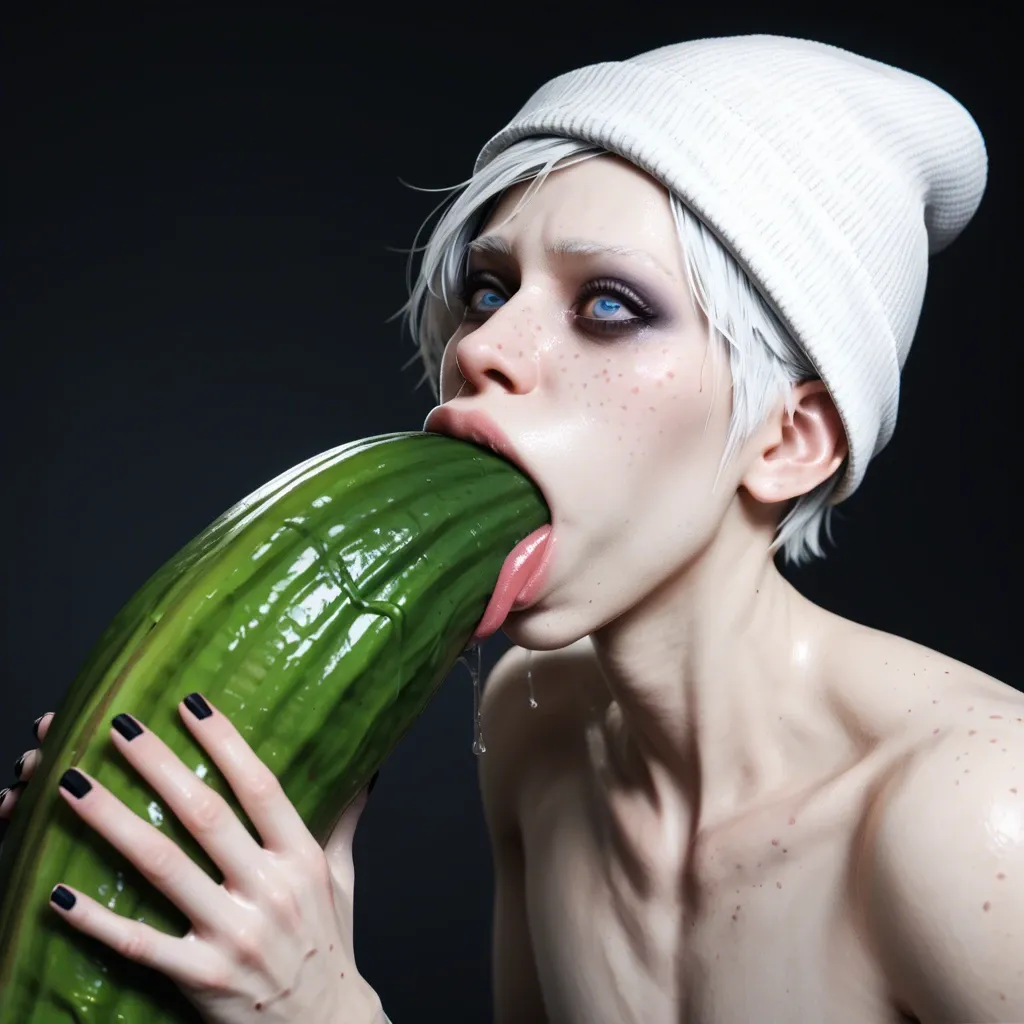 1femboy,male,3d,penis,albino,freckles,pixie cut,thick lips,blue eyes,beanie,holding hyper eggplant ,object deepthroat,tongue,saliva,mouth insertion,solo,object in hand,makeup,crazy face