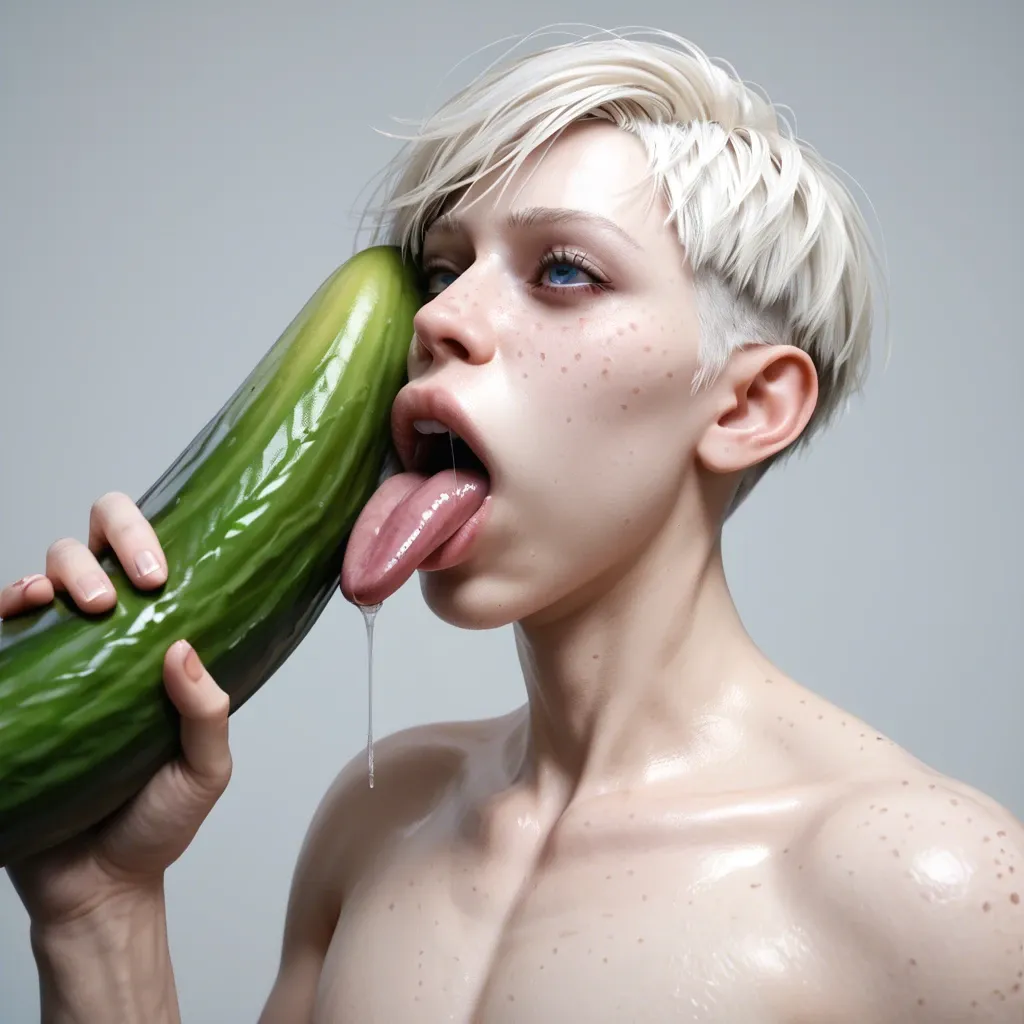 1femboy,male,3d,penis,albino,freckles,pixie cut,thick lips,blue eyes,holding hyper eggplant ,object deepthroat,tongue,mouth insertion,object in hand,extreme throat,mouth dilatation,saliva