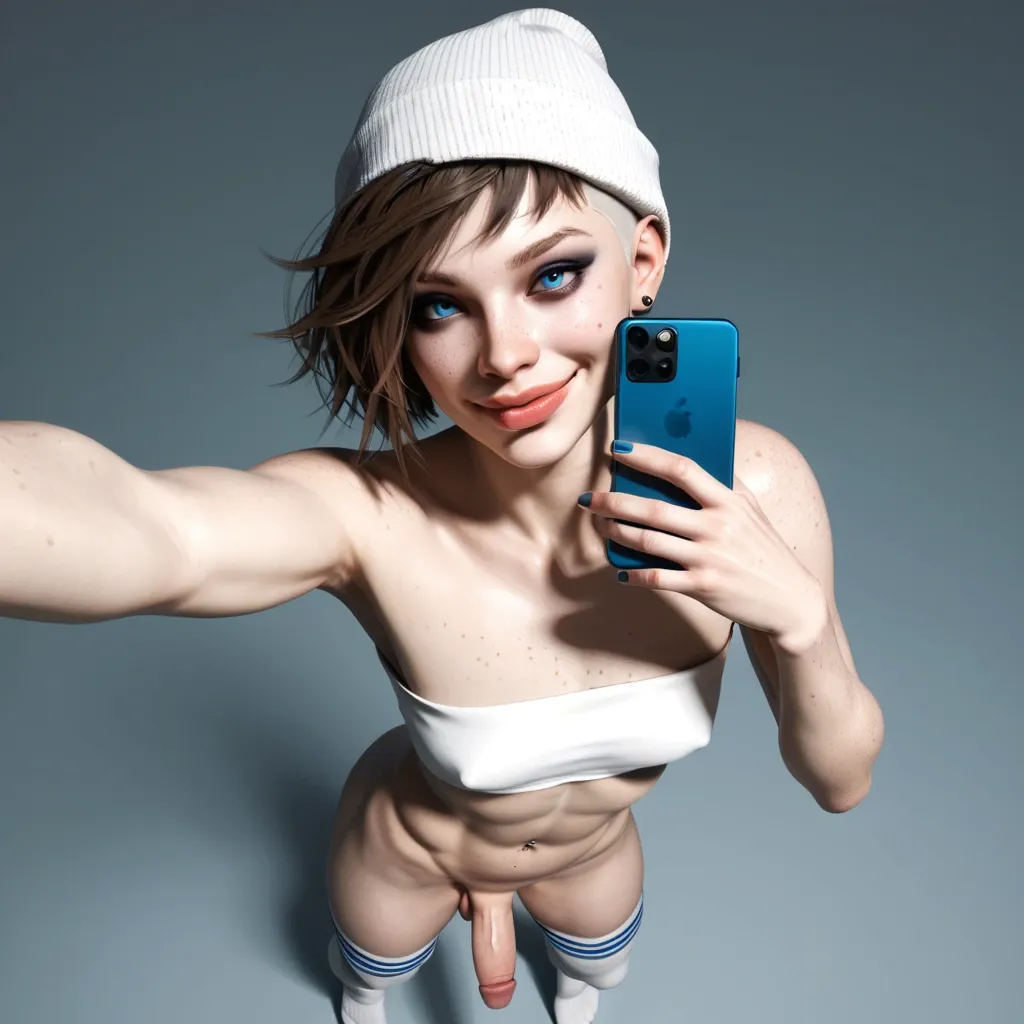 1femboy,male,3d,penis,albino,freckles,pixie cut,makeup,tube top,thick lips,perfect smile,brunette hair,blue eyes,beanie,thigh socks,navel piercing,full body high angle selfie,finger in mouth