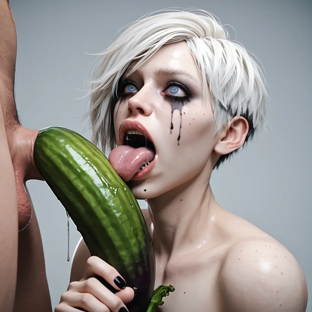 1femboy,male,3d,penis,albino,freckles,pixie cut,thick lips,blue eyes,holding hyper eggplant,deepthroat,tongue,saliva,mouth insertion,crazy face,object in hand,emo makeup,crazy eyes,solo