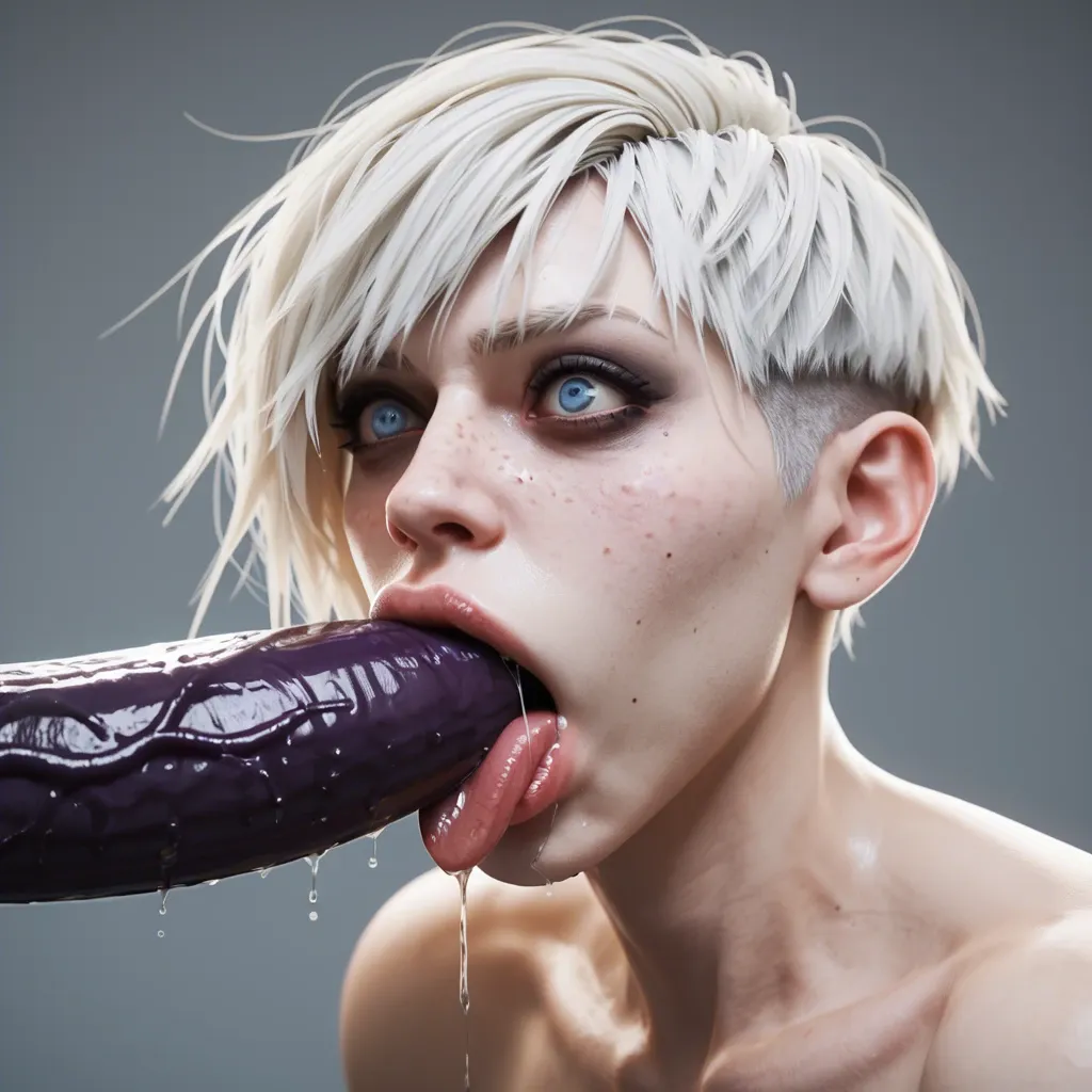 1femboy,male,3d,penis,albino,freckles,pixie cut,thick lips,blue eyes,holding hyper eggplant,deepthroat,tongue,saliva,mouth insertion,crazy face,object in hand,emo,crazy eyes,solo