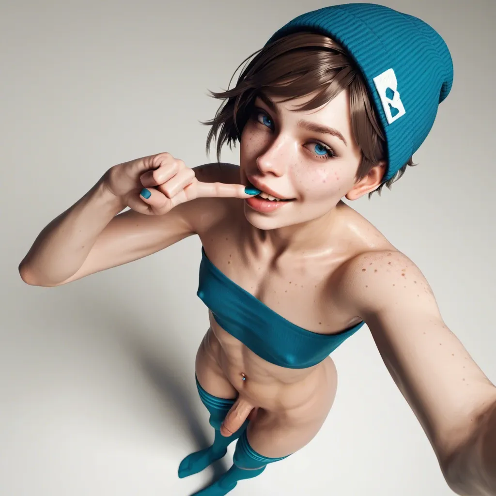 1femboy,male,3d,penis,albino,freckles,pixie cut,tube top,thick lips,smile,brunette,blue eyes,beanie,thigh socks,navel piercing,full body high-angle selfie,one finger in mouth