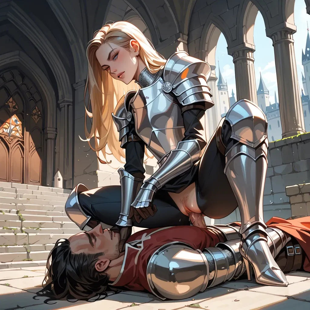 Knight flat-chested female, femdom, castle, armor, clothes, pants, facesitting,