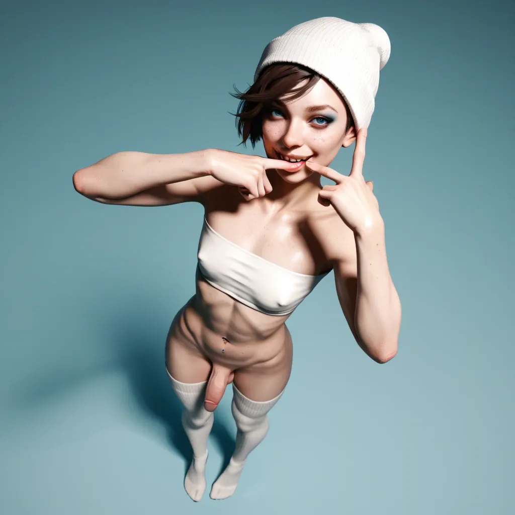 1femboy,male,3d,penis,albino,freckles,pixie cut,makeup,tube top,thick lips,perfect smile,brunette,blue eyes,beanie,thigh socks,navel piercing,full body high angle selfie,finger in mouth