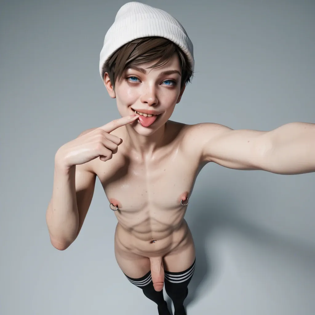 1femboy,male,3d,penis,albino,freckles,pixie cut,thick lips,smile,brunette,blue eyes,beanie,thigh socks,navel piercing,full body high-angle selfie,one finger in mouth,big nipple ring