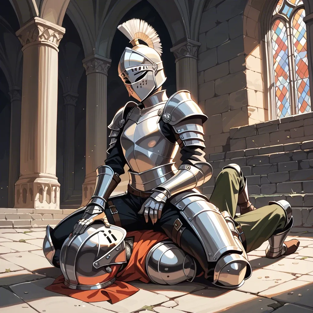 Knight flat-chested female, femdom, castle, armor, clothes, pants, facesitting, helmet