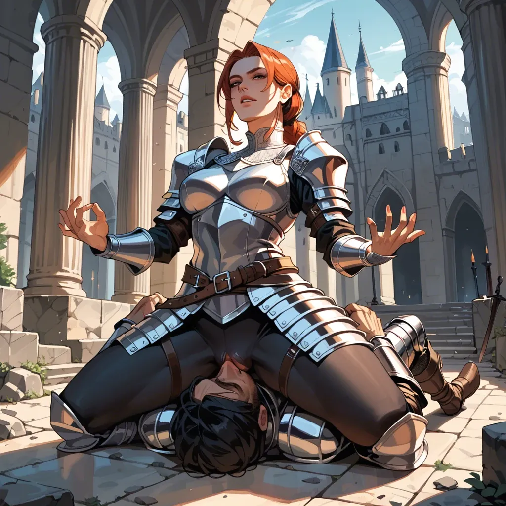 Knight female, femdom, castle, armor, clothes, pants, facesitting, strong pose, hands up,